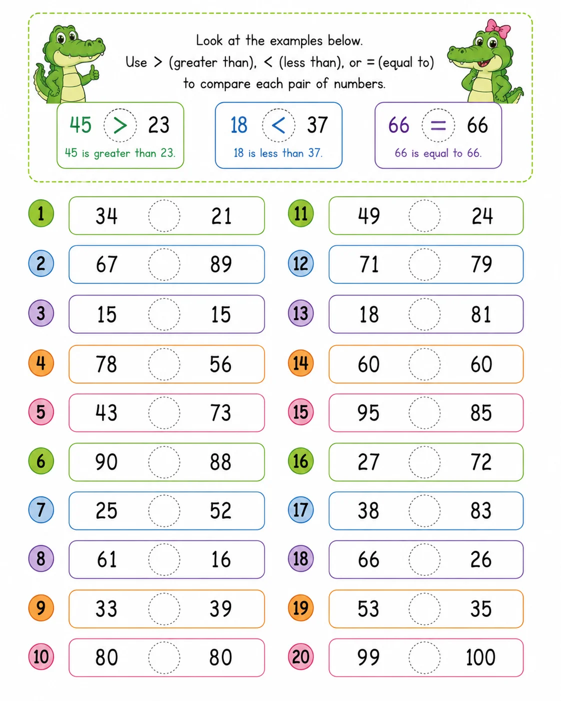 Comparing Numbers Greater or Less — free printable worksheet preview