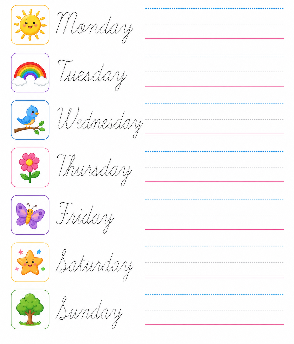 Cursive Days of the Week — free printable worksheet preview