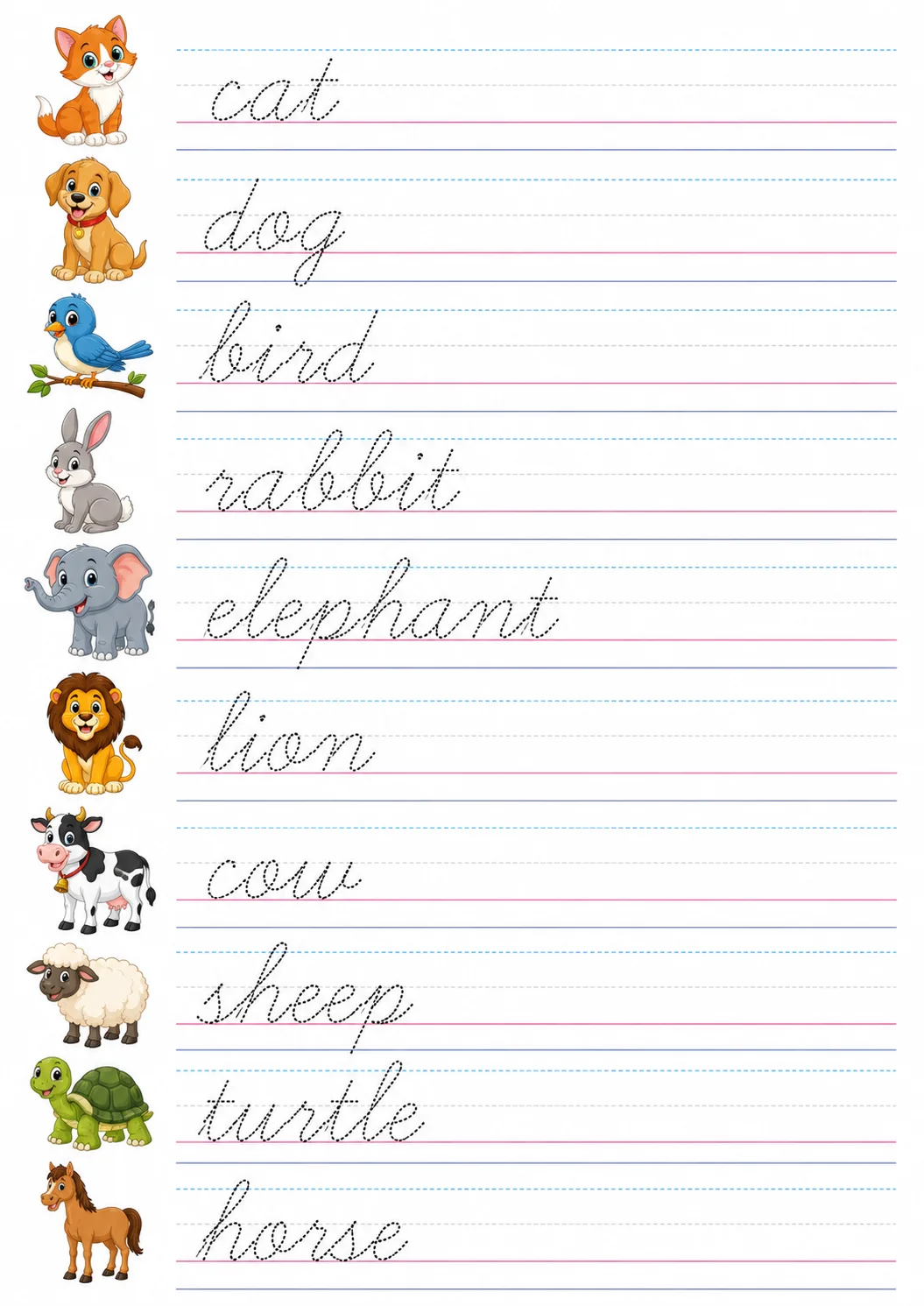 Cursive Words Practice - Animals – printable worksheet
