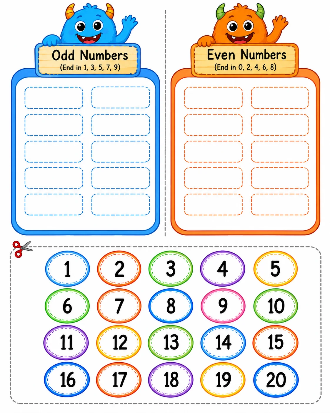 Odd and Even Numbers Sorting – printable worksheet