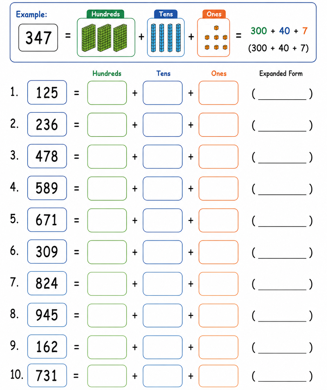Three-Digit Number Expanded Form — free printable worksheet preview