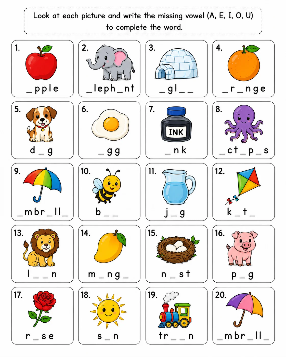Write the Missing Vowels — free printable worksheet preview