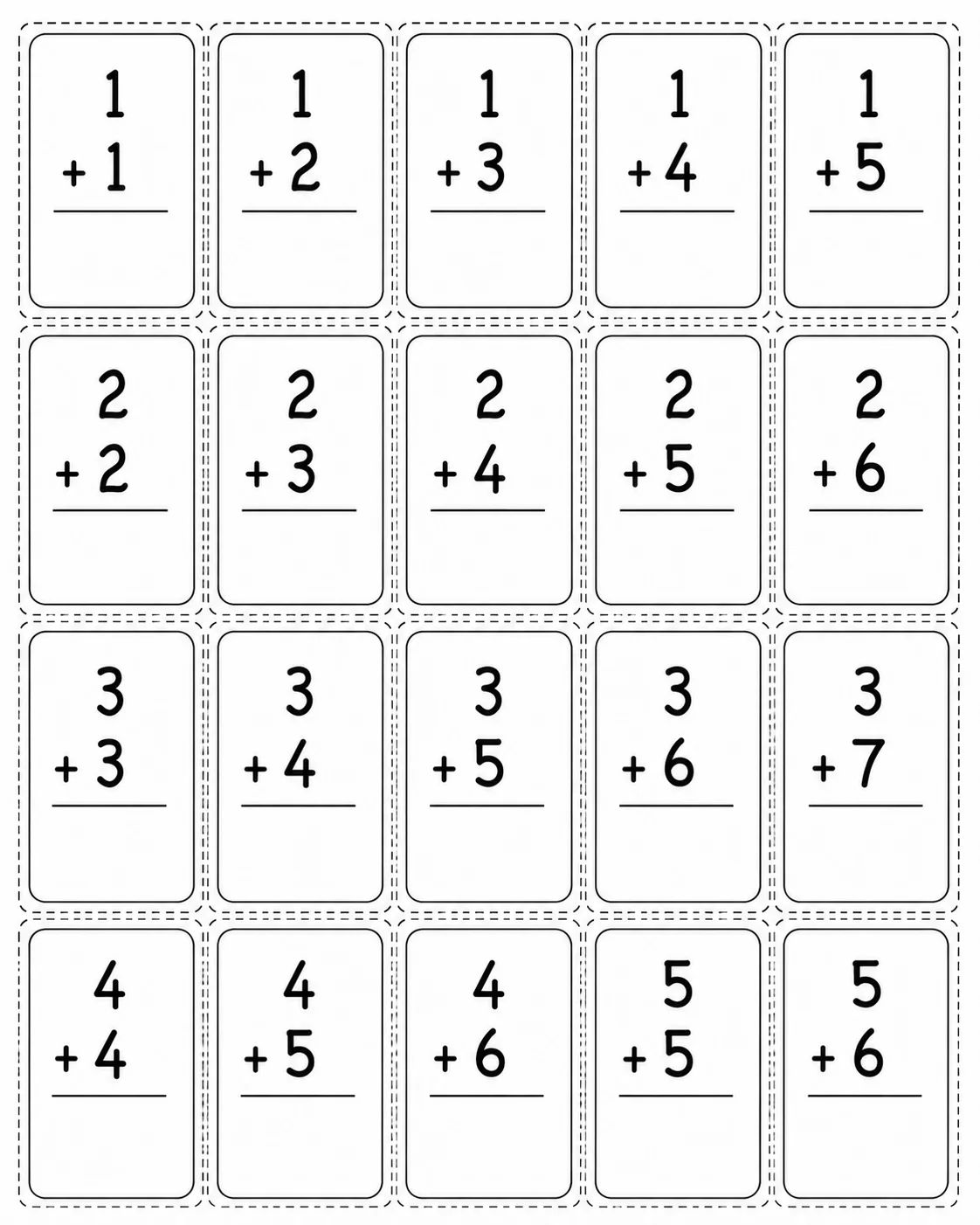 Addition Facts Flash Cards 1-10 — free printable worksheet preview