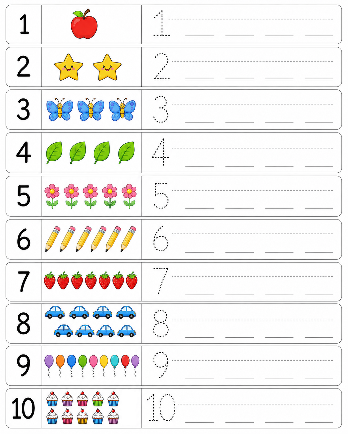 Count and Write Numbers 1-10 — free printable worksheet preview