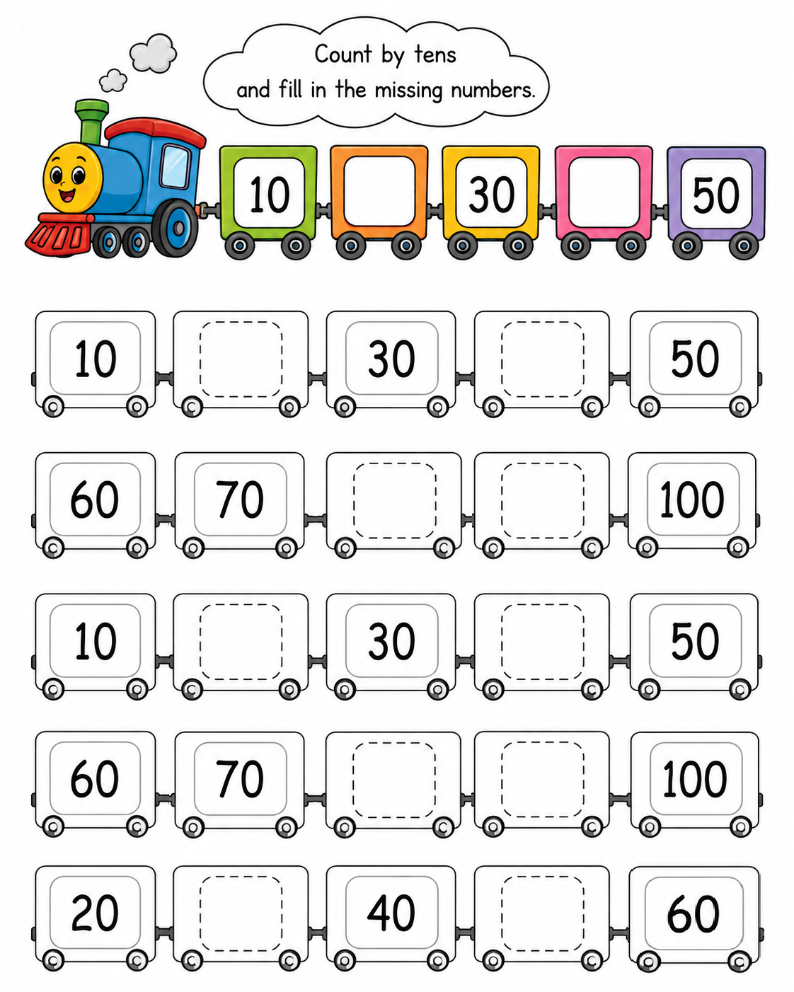 Counting to 100 by Tens — free printable worksheet preview