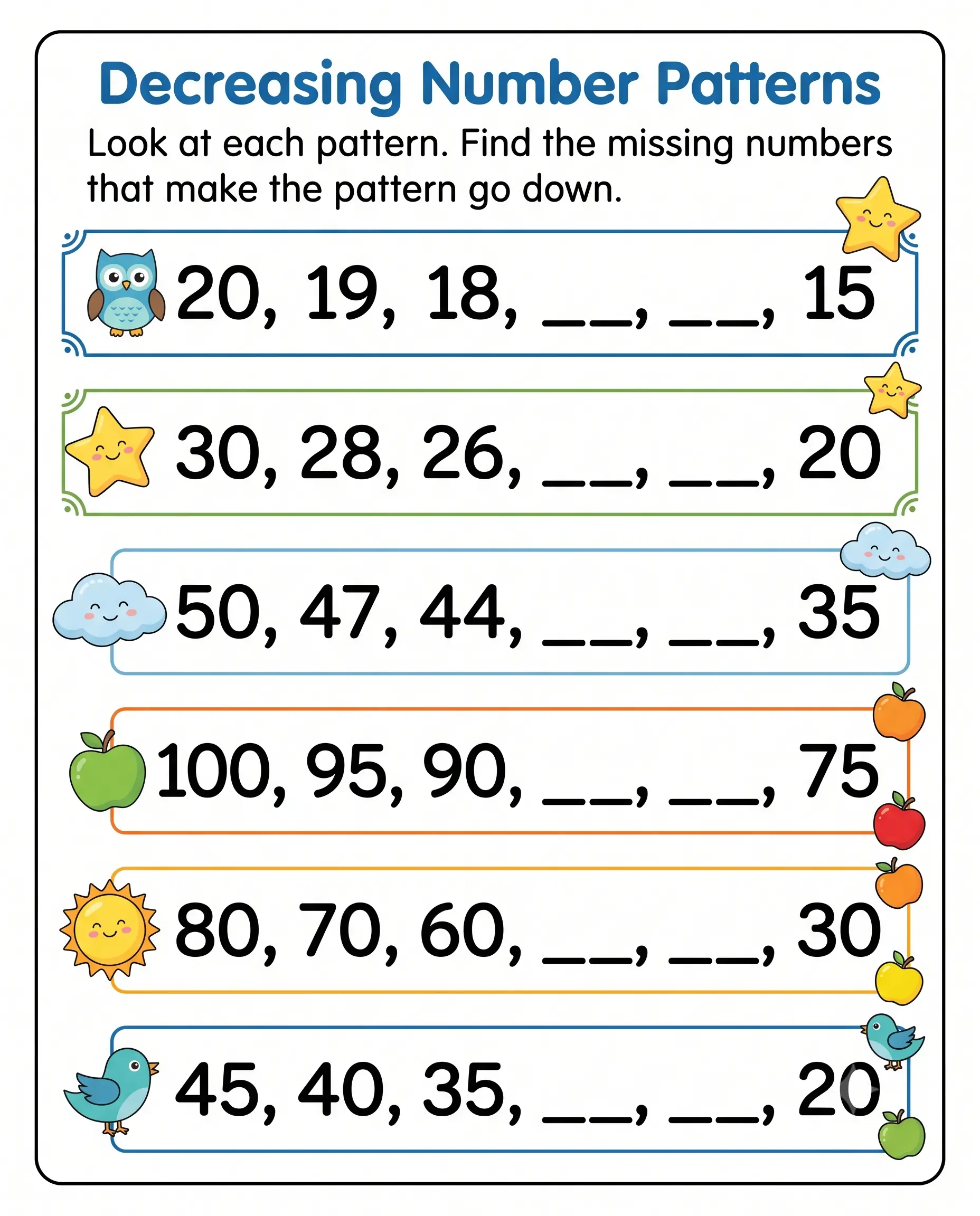 Decreasing Number Patterns — free printable worksheet preview