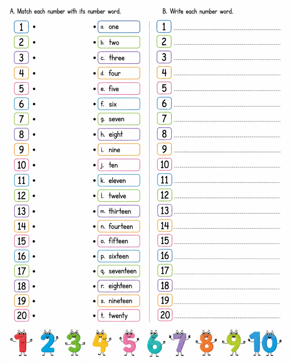 Number Words 1-20 — free printable worksheet preview