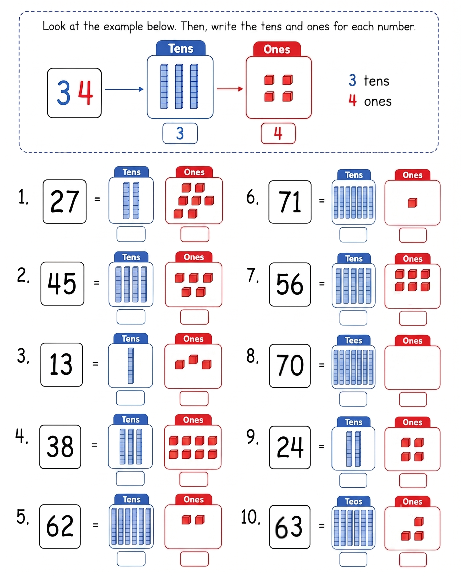 Place Value Ones and Tens – printable worksheet