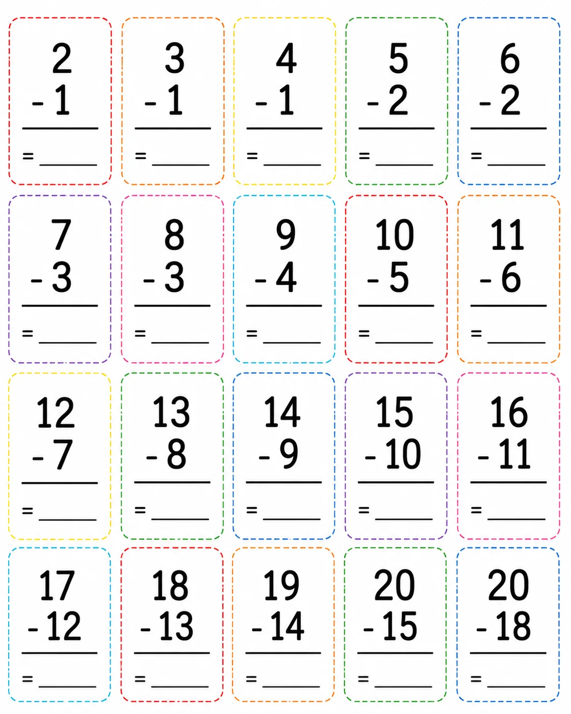 Subtraction Facts Flash Cards — free printable worksheet preview